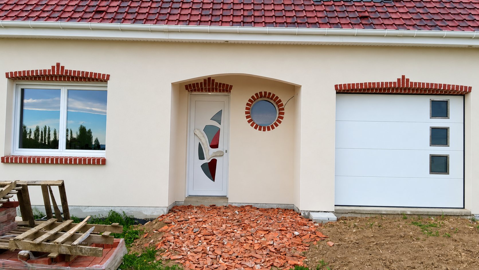 Façade crépie d'une maison récente avec fenêtre, porte d'entrée blanche à vitrail, hublot rond et porte de garage sectionnelle blanche, entourés de briques rouges.